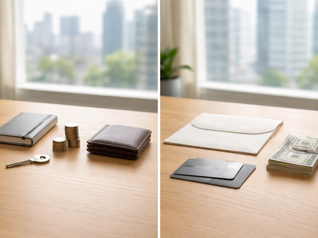 Split view showing a money-focused desk setup versus bill-and-expense items on the other side.