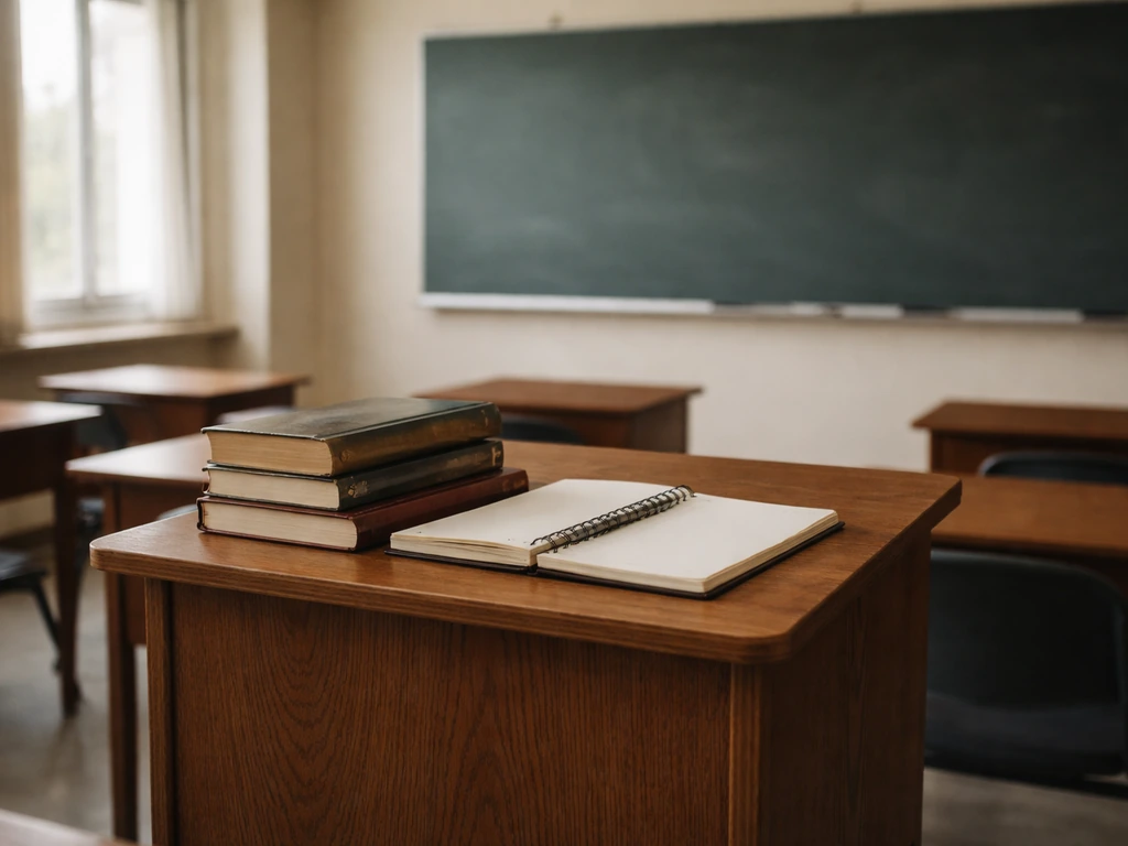 Empty university lectern with books and a notebook in a softly lit classroom, no people visible.