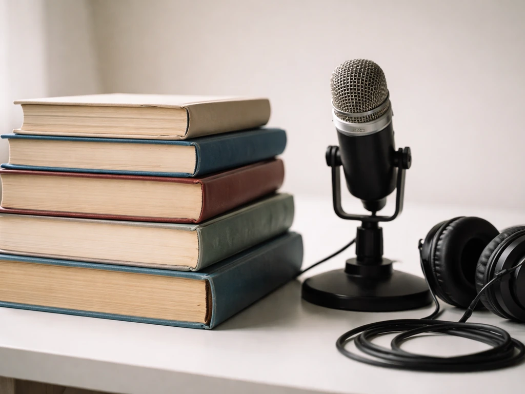 Stack of economics books beside a microphone and headphones on a desk, natural light, minimal background.