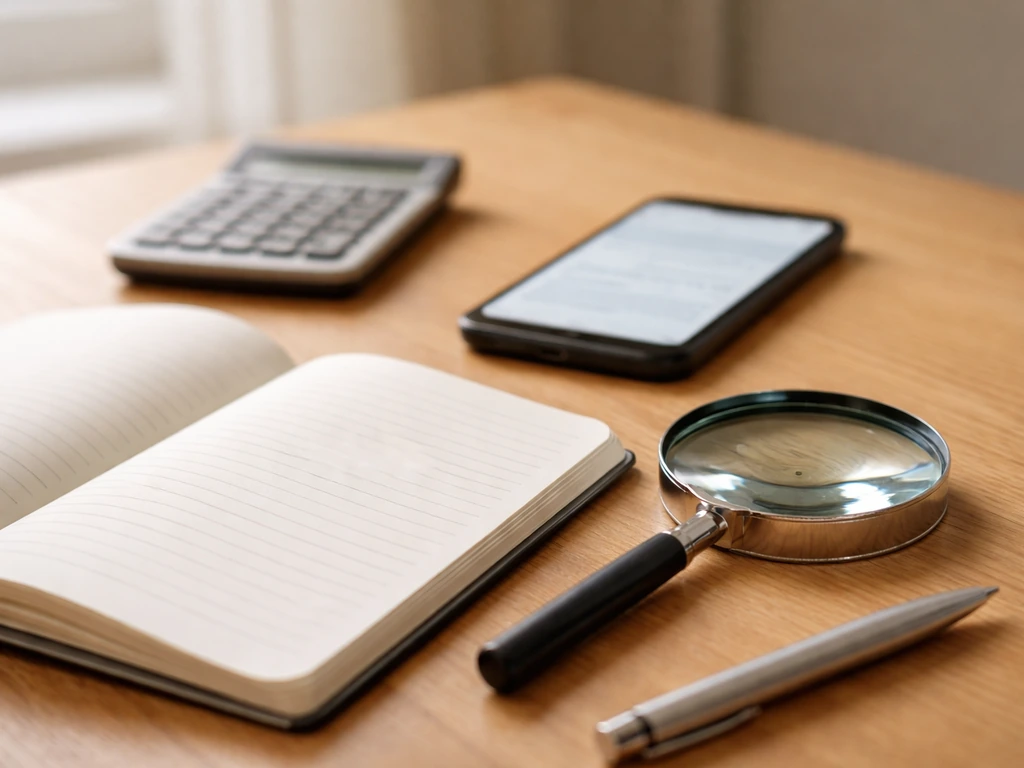 Magnifying glass and pen over blank notebook beside a phone and calculator on a wooden desk.