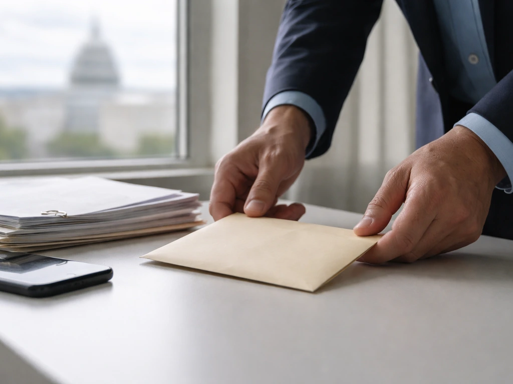 Close-up of hands reviewing documents beside a sealed envelope and a smartphone in a Washington, D.C. office