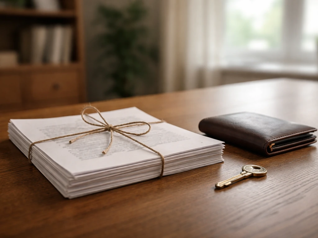 Close-up of legal papers, twine, wallet, and a key on a simple office desk in natural light.