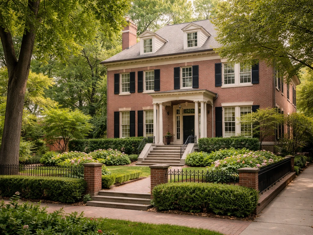 Exterior view of a classic suburban home in Washington D.C.’s Woodley Park neighborhood, quiet street
