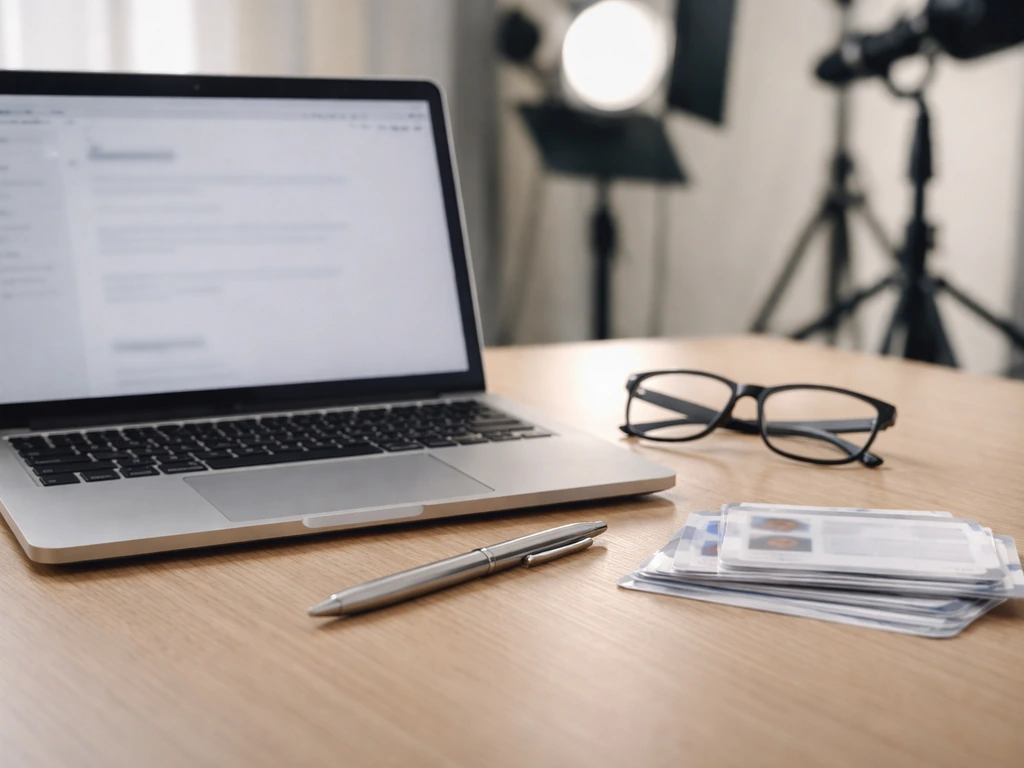 Minimal media office desk with blurred profile documents and verification tools, no identifiable person shown.