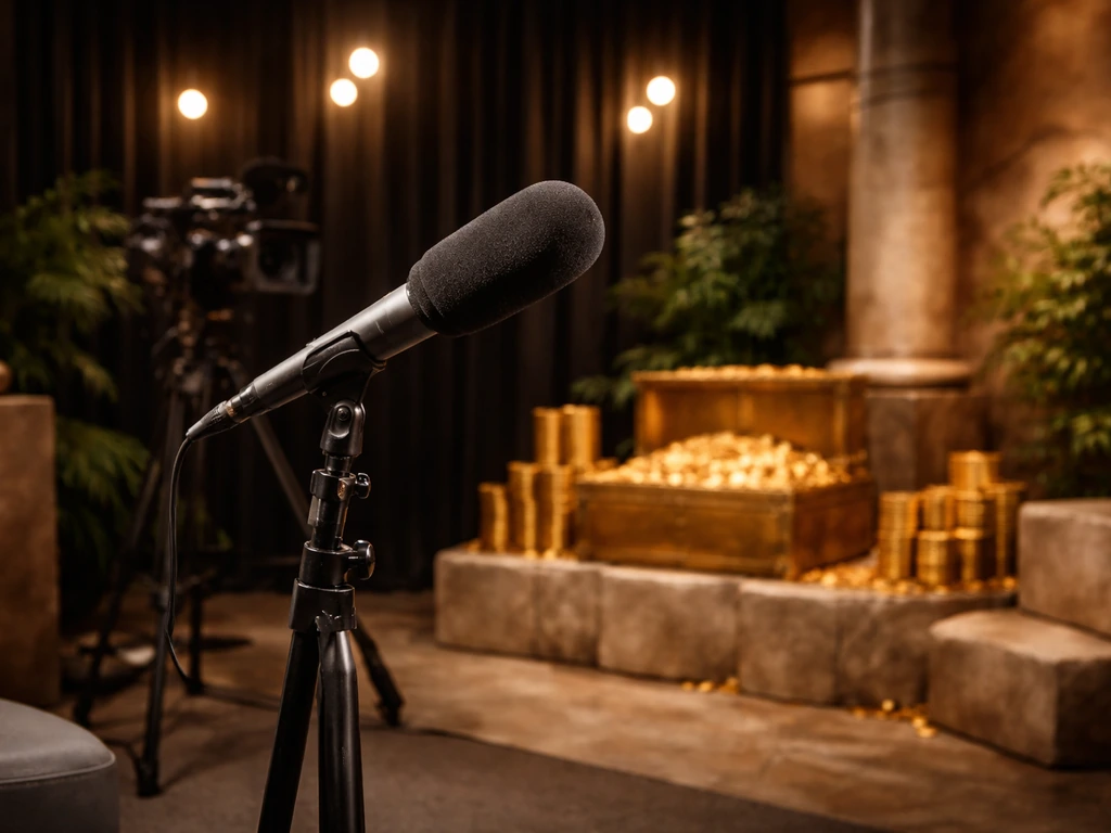 Ancient Aliens on-set style microphone and camera setup in a dim studio with warm lights