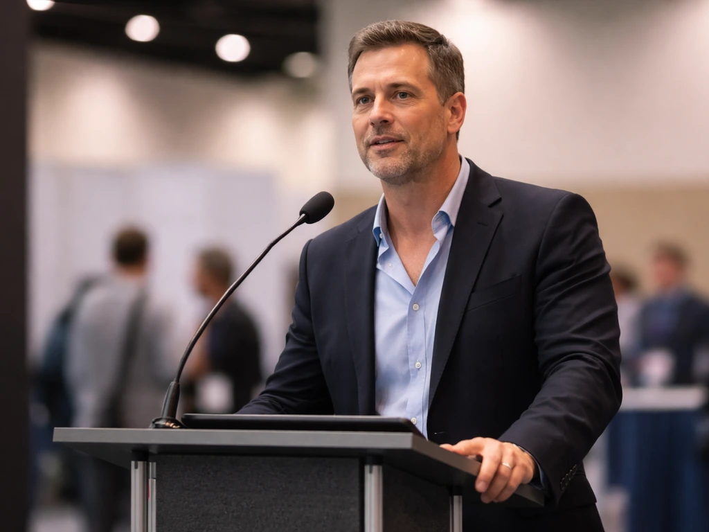 Anonymous convention speaker stands at a podium with a microphone under soft lights