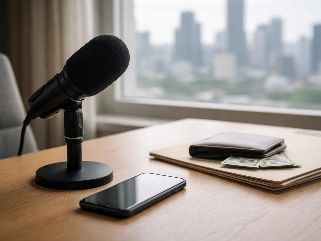 Minimal office desk scene with a smartphone and microphone, suggesting media and public-profile confusion