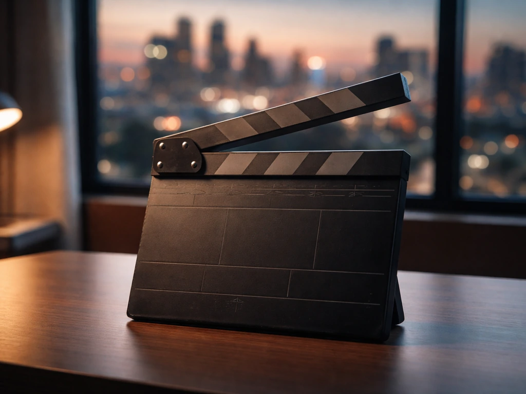 Minimal cinematic scene with a dark film clapperboard and a blurred money-and-city backdrop, referencing The Hangover fr