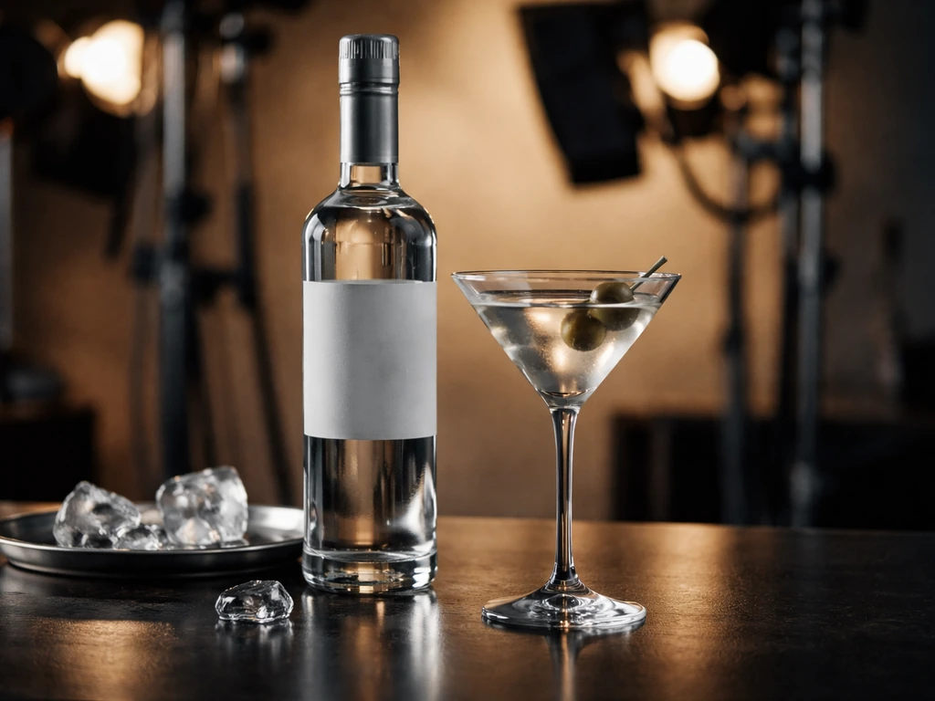 Close photo of a vodka-themed studio setup with a branded bottle silhouette and dark glass reflections