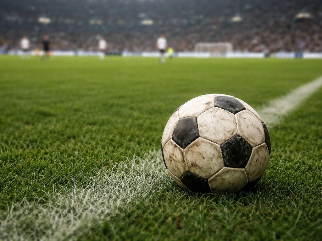 A football on grass near the touchline with a softly blurred stadium background.