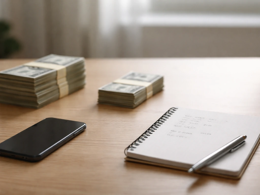 Minimal desk scene with two money figures symbolized by blurred cash and a notebook page, plus a grounded marker.