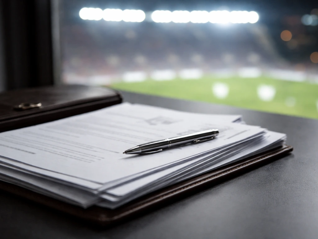 Close-up of football contract and transfer documents on a desk with a pen and blurred stadium lights.
