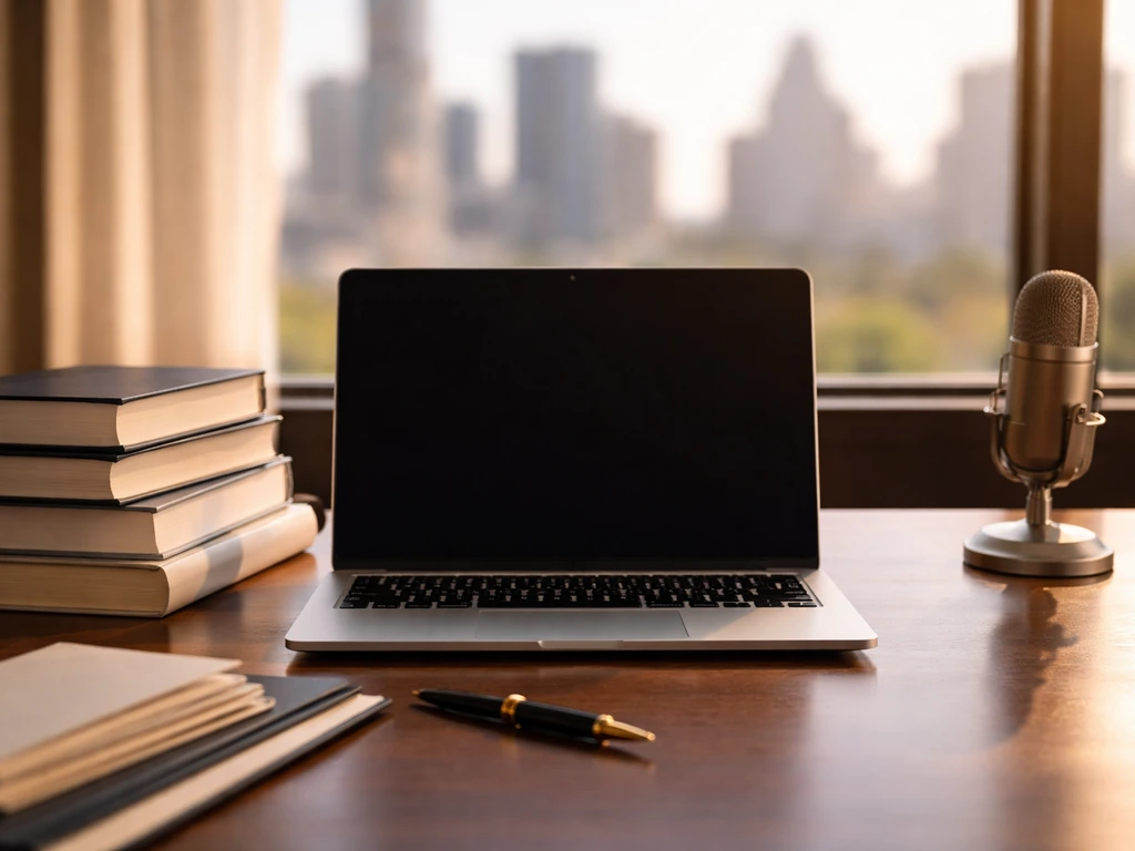 Minimal desk scene with laptop, gold pen, books, and soft city-window light symbolizing net worth analysis