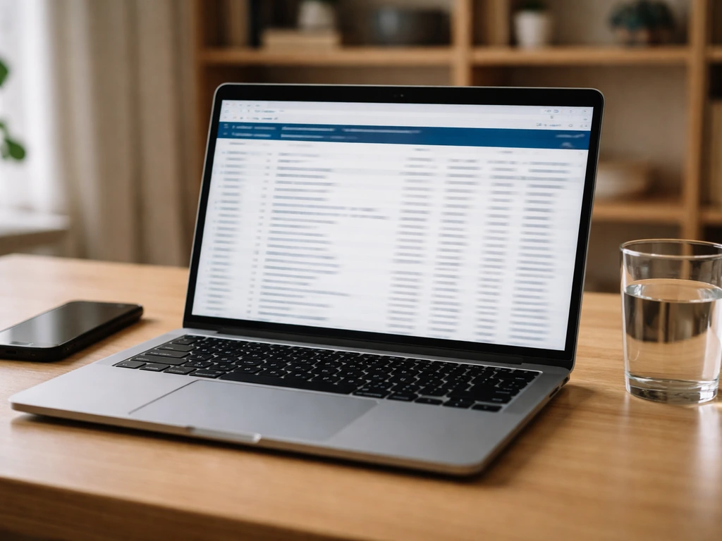 Laptop screen showing blurred SEC EDGAR-style filing search results in a minimal office setting.