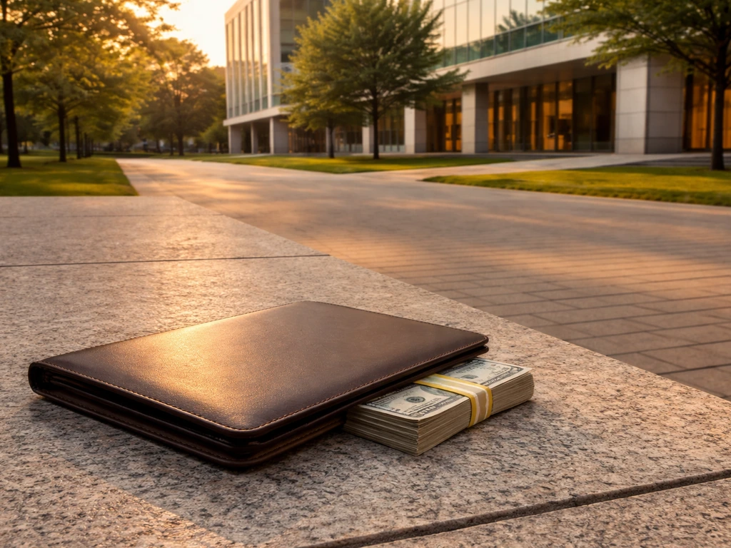 Minimal MIT campus exterior with a leather portfolio and neatly stacked cash suggesting senior compensation.