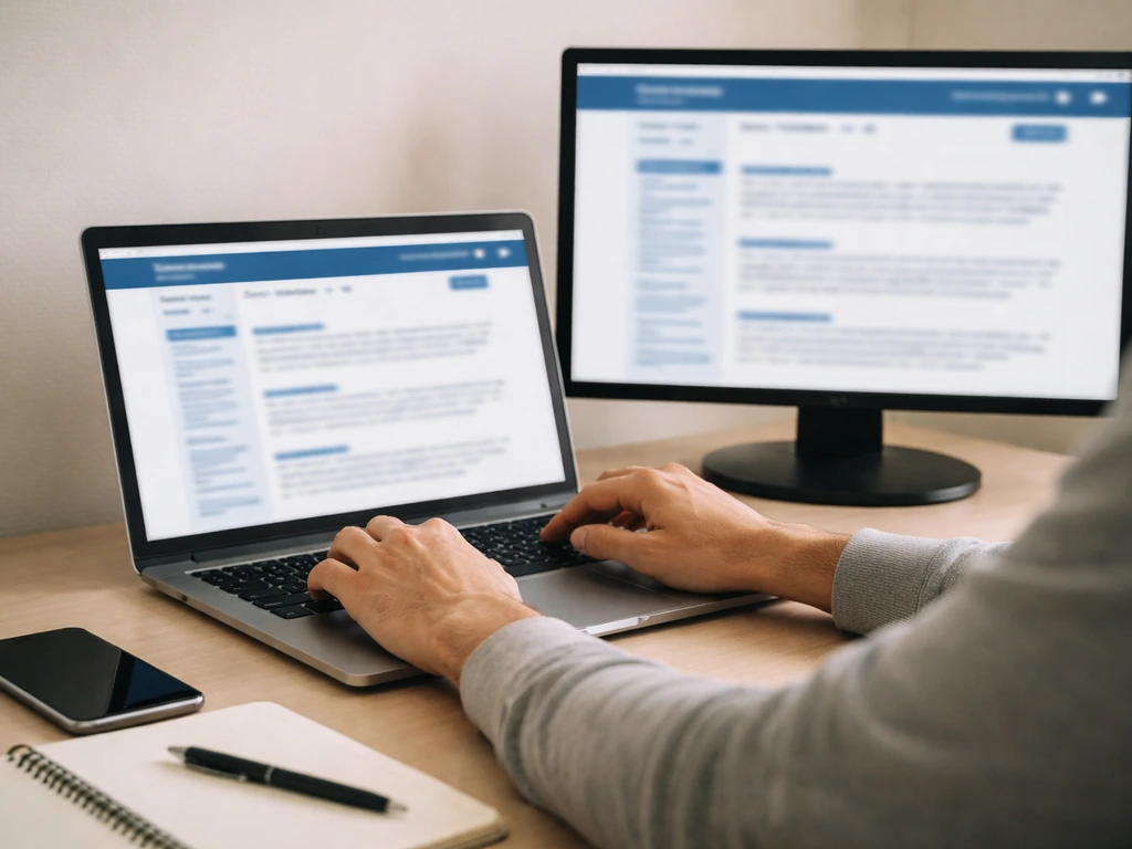 Person researching financial records on a laptop with SEC-like search page, comparing sources side-by-side