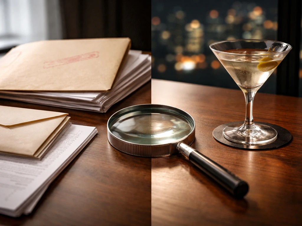 Minimal desk scene with two folders and a magnifying glass over public-record style documents for wealth verification.