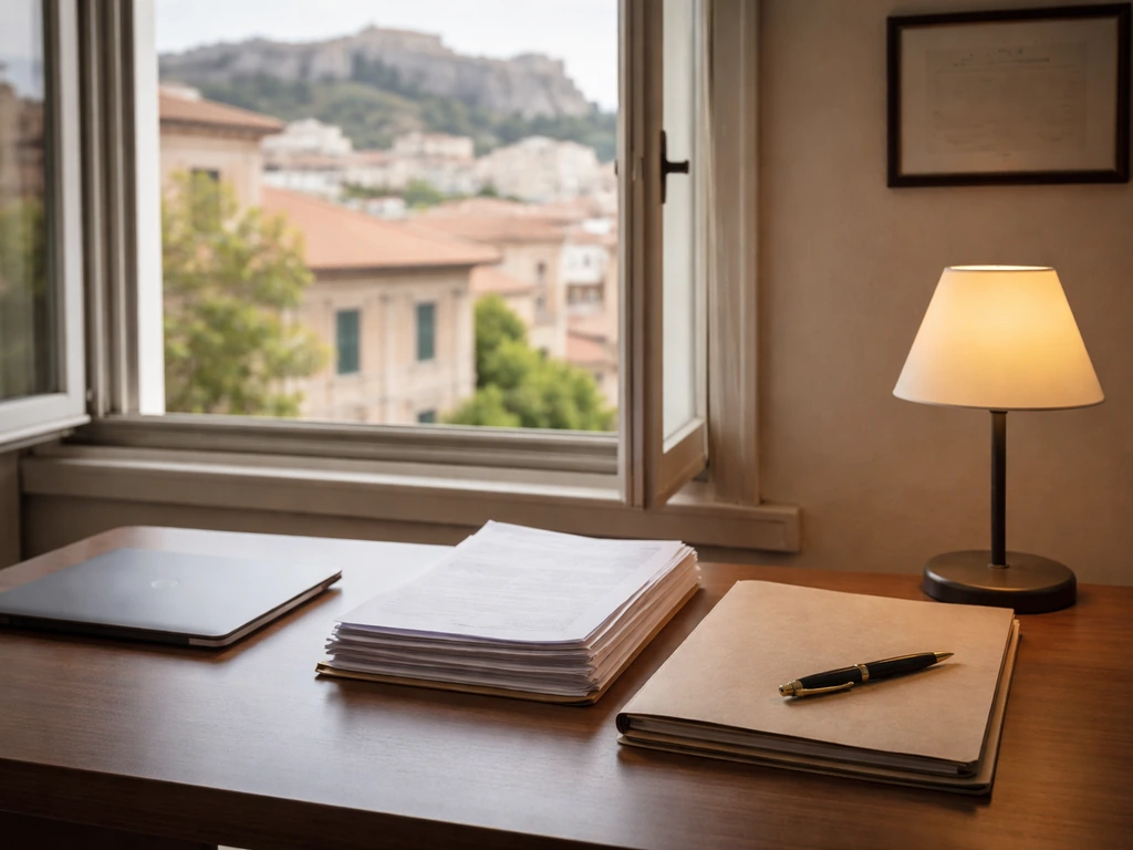 Minimal photo of an underwriting office desk with papers and a Lloyd’s-style insurance folder in Athens