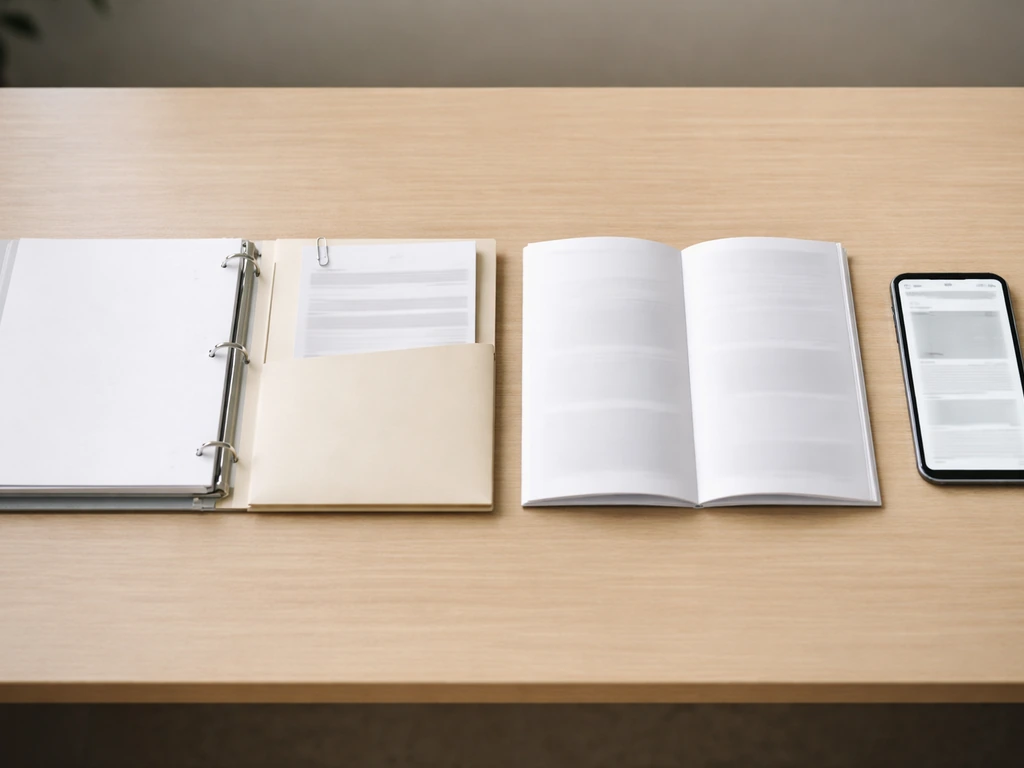 Desk with anonymous registry binder, licensing documents, industry directory, and a phone news card for verifying source