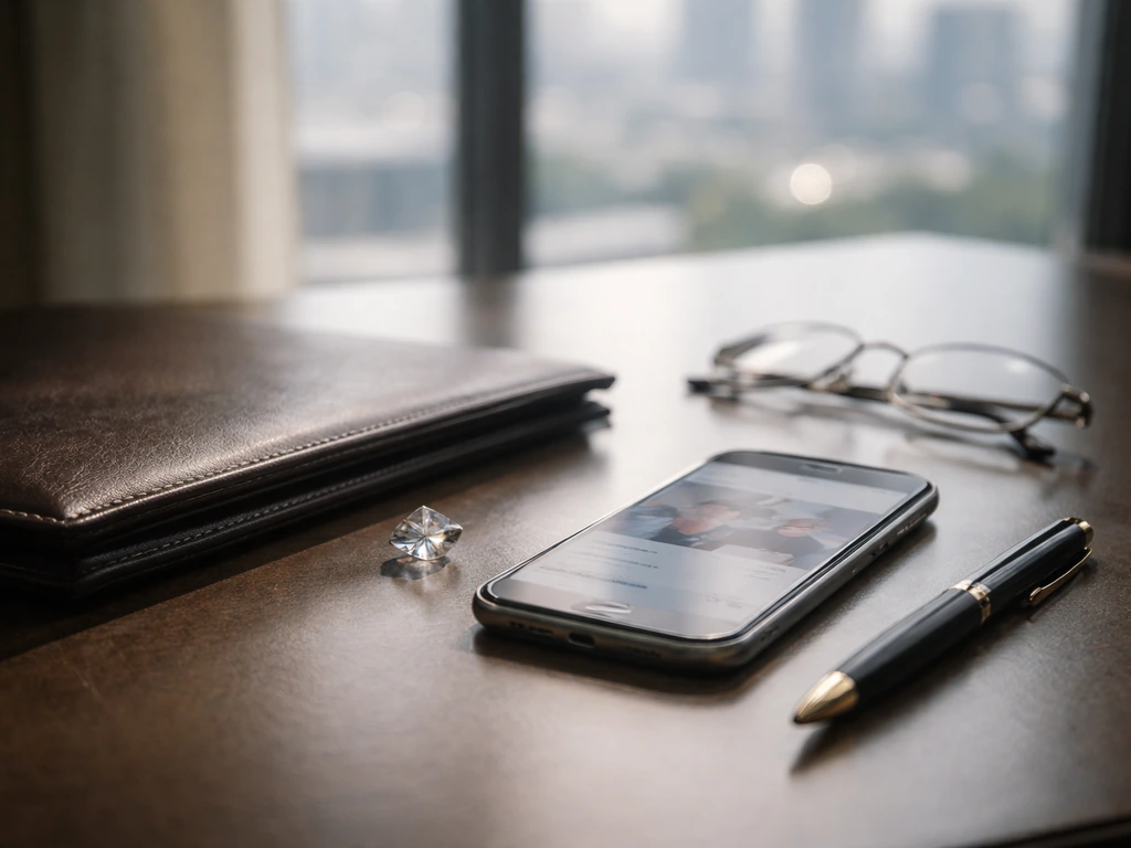 Upscale investment-office desk with a small gemstone, portfolio, and blurred finance screen in natural light.