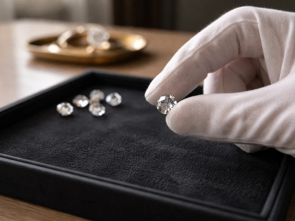 Luxury diamond jeweler’s workspace with a close-up cluster of sparkling stones and gold tools