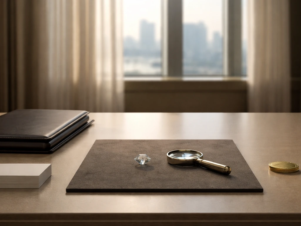 Luxury office desk with diamond, portfolio, and magnifying glass suggesting a defensible net worth range.