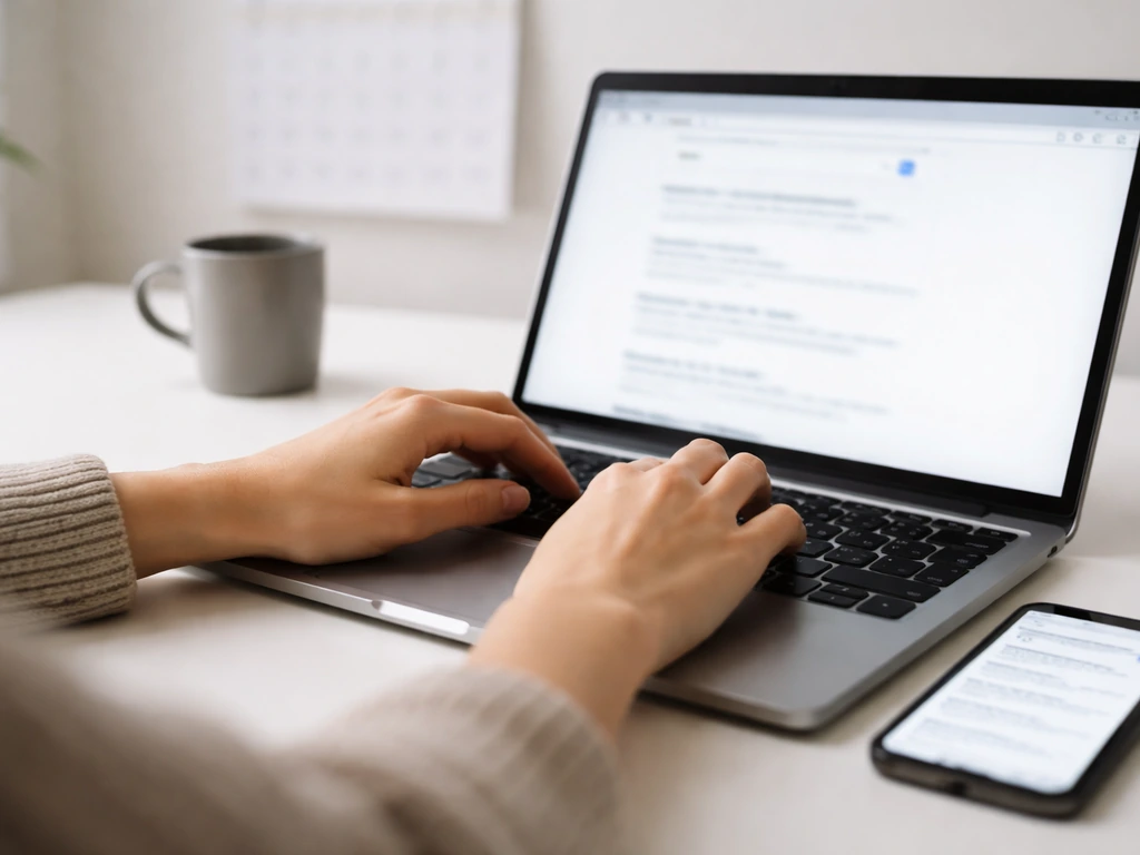 Hands typing on a laptop beside a phone, with an unreadable browser search/results page blurred on screen