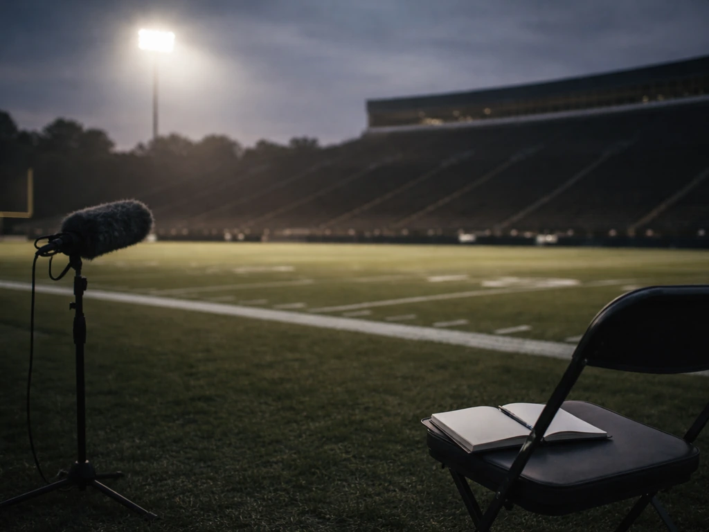 Empty college football stadium at dusk with a single spotlight, symbolizing sports fame and public financial interest.