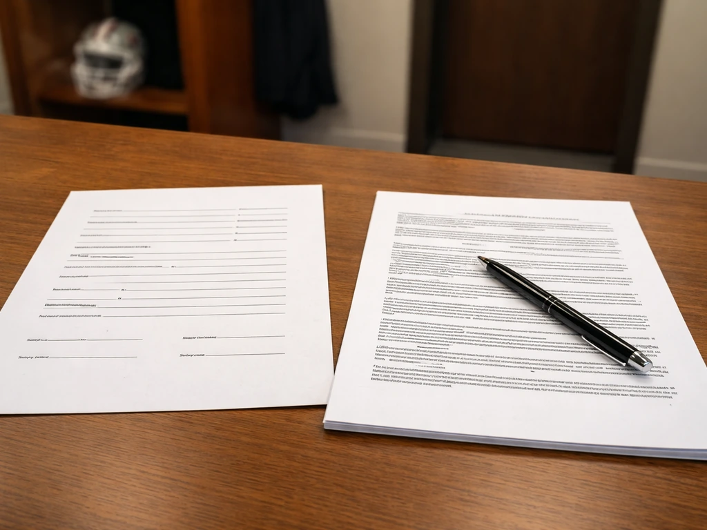 Close-up of two unsigned football contract forms on a desk, one representing rookie terms and one an extension.