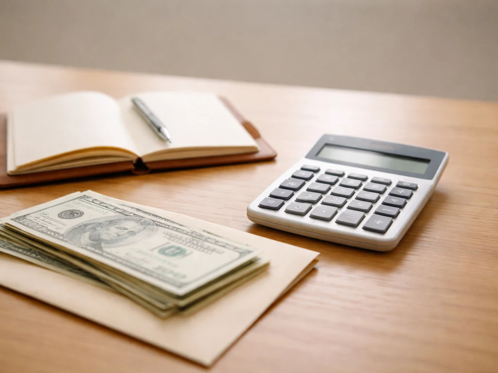 Calculator, notebook, and neatly stacked money on a wooden desk symbolizing an estimate breakdown.