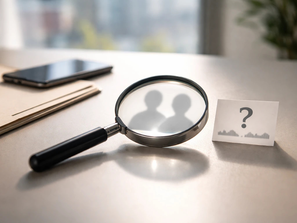 Magnifying glass over overlapping anonymous profile silhouettes and an unreadable question-mark value range card.