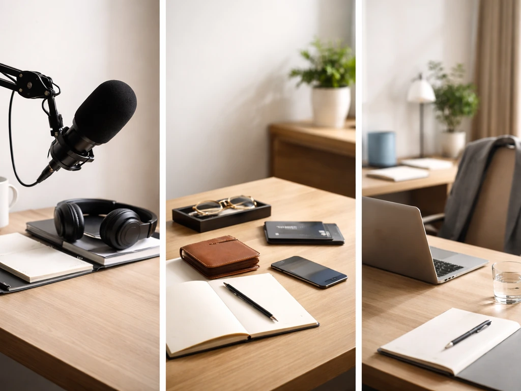 Three minimal workspaces side-by-side: podcast mic, office setup, and finance desk objects, no text.