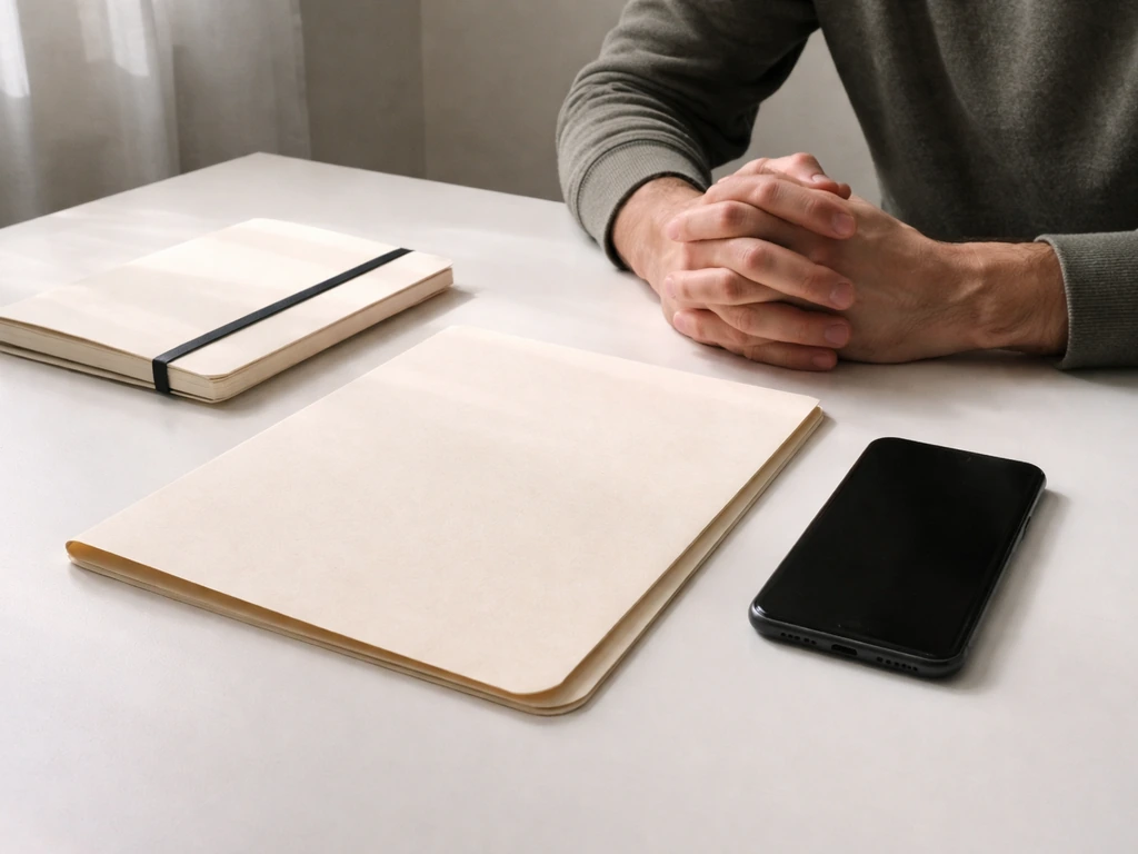 Minimal desk scene with a notebook and phone beside a folder, symbolizing gathering public evidence signals.