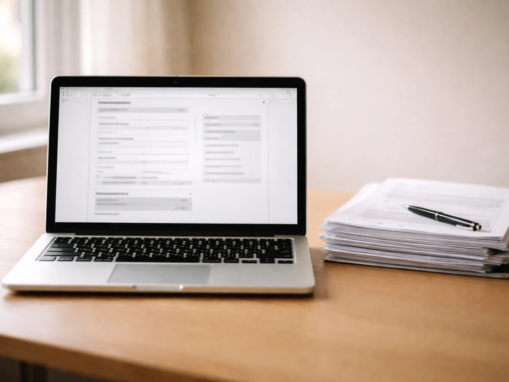 Close-up of a laptop displaying a generic official company registry filing page next to document folders.