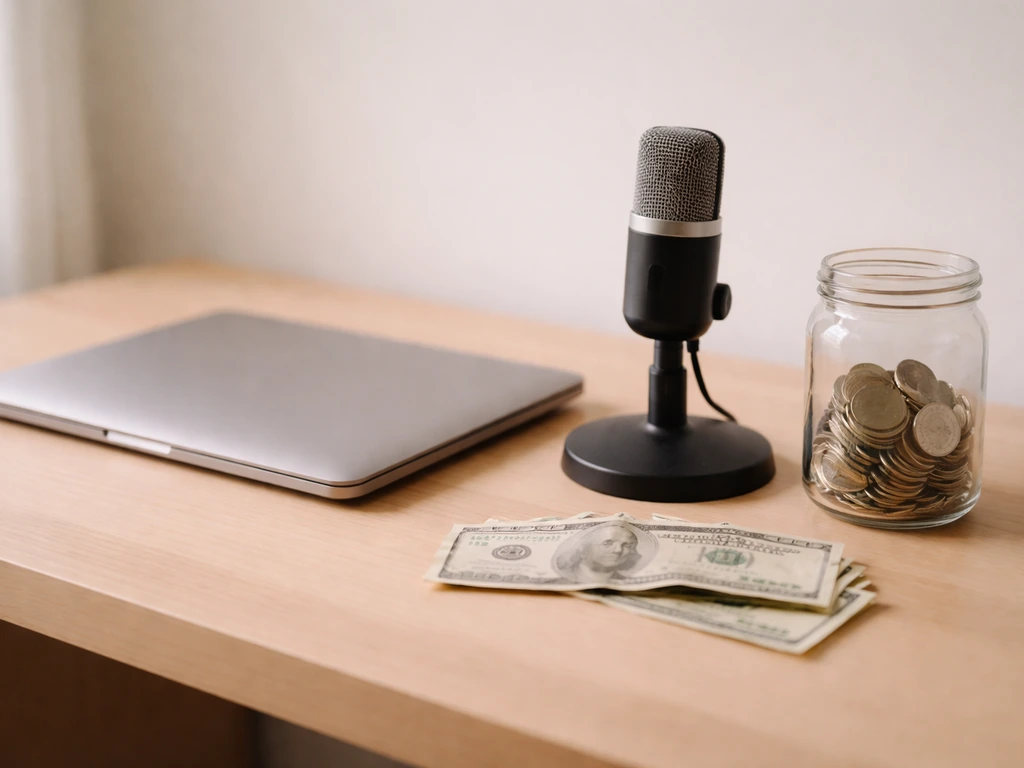 Minimal studio desk with microphone and money-like objects, symbolizing a net worth floor vs reasonable range.