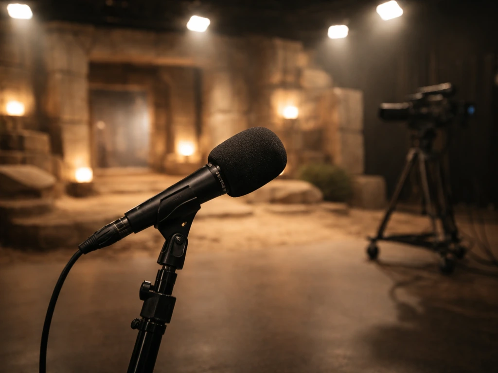 TV production setup with microphone and stone-textured set backdrop, no people.