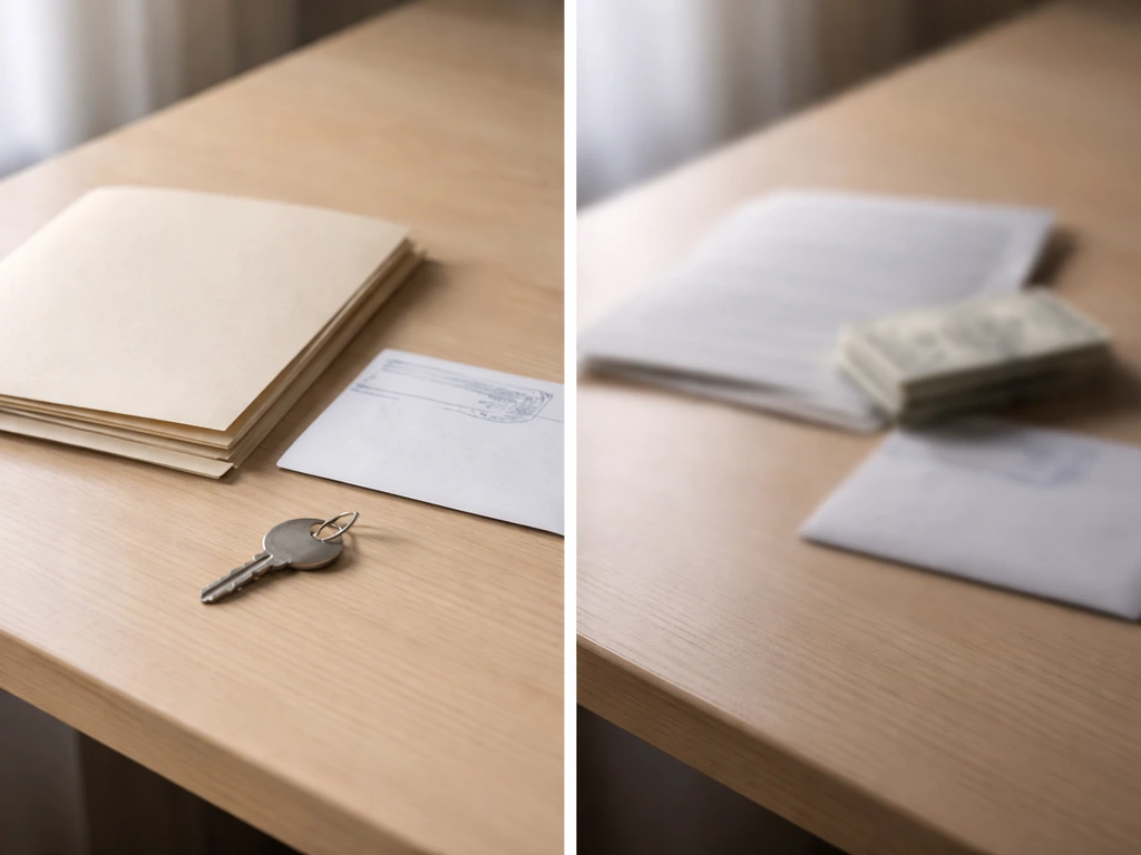 Minimal desk split-scene: clear documents and keys on one side, blurred money-like items on the other.
