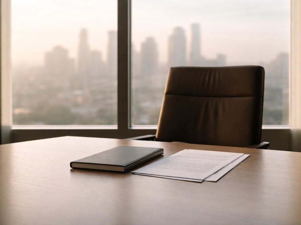 An empty modern conference room with a single leather chair, business documents, and a softly lit city skyline view
