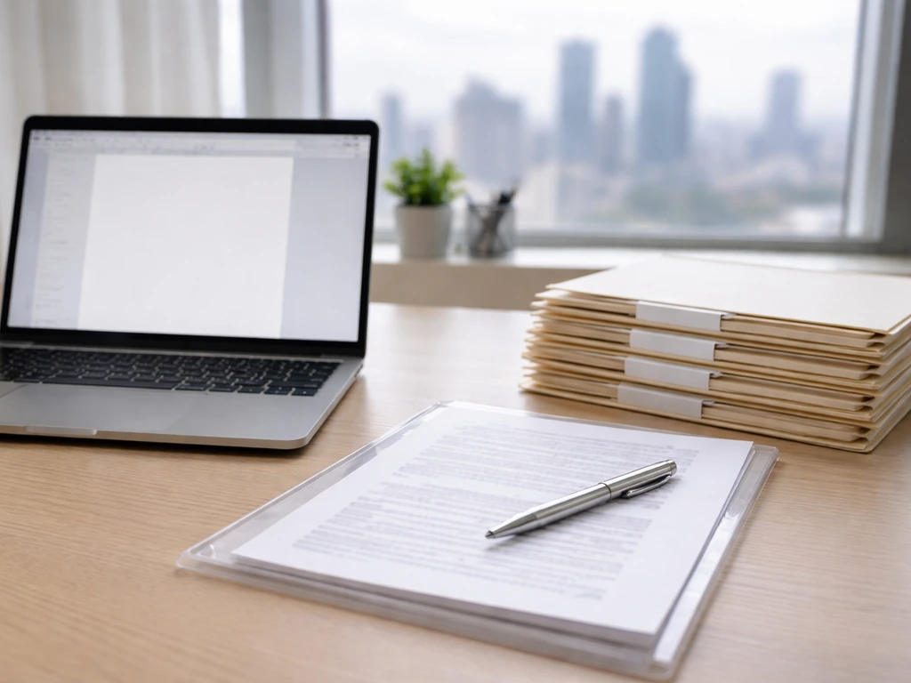 Minimal office desk scene with an open laptop and blank official-looking paperwork symbolizing SEC filings.