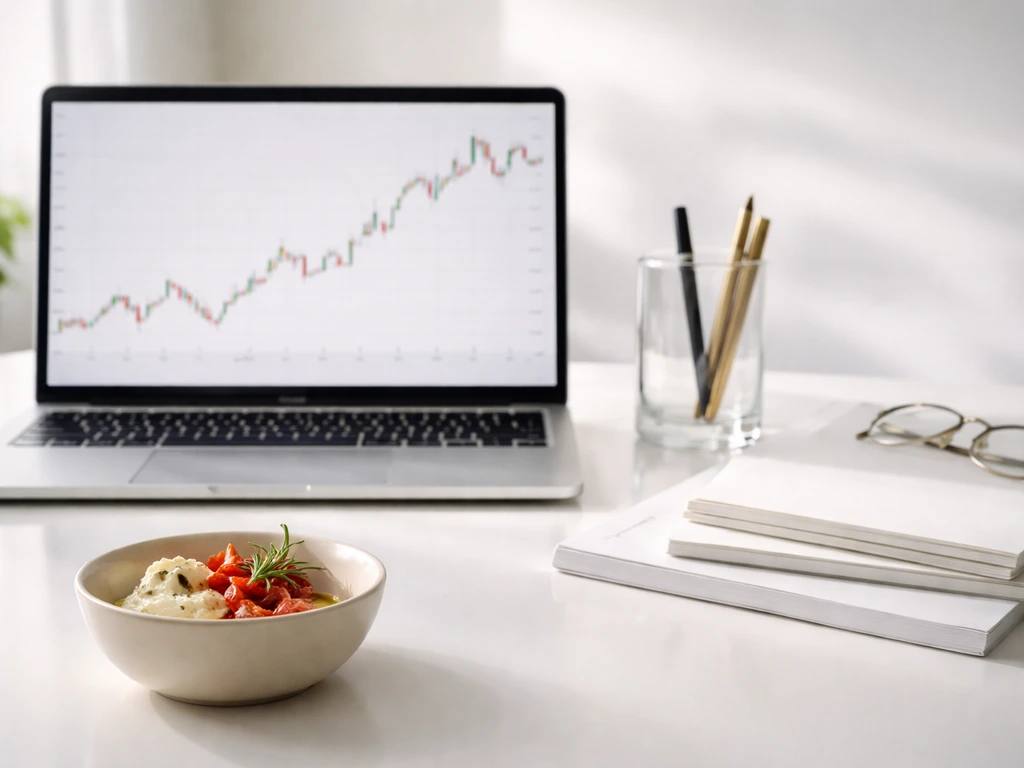 Minimal photo of a finance desk with a laptop showing a generic stock-market style chart and a simple bowl of cava-color