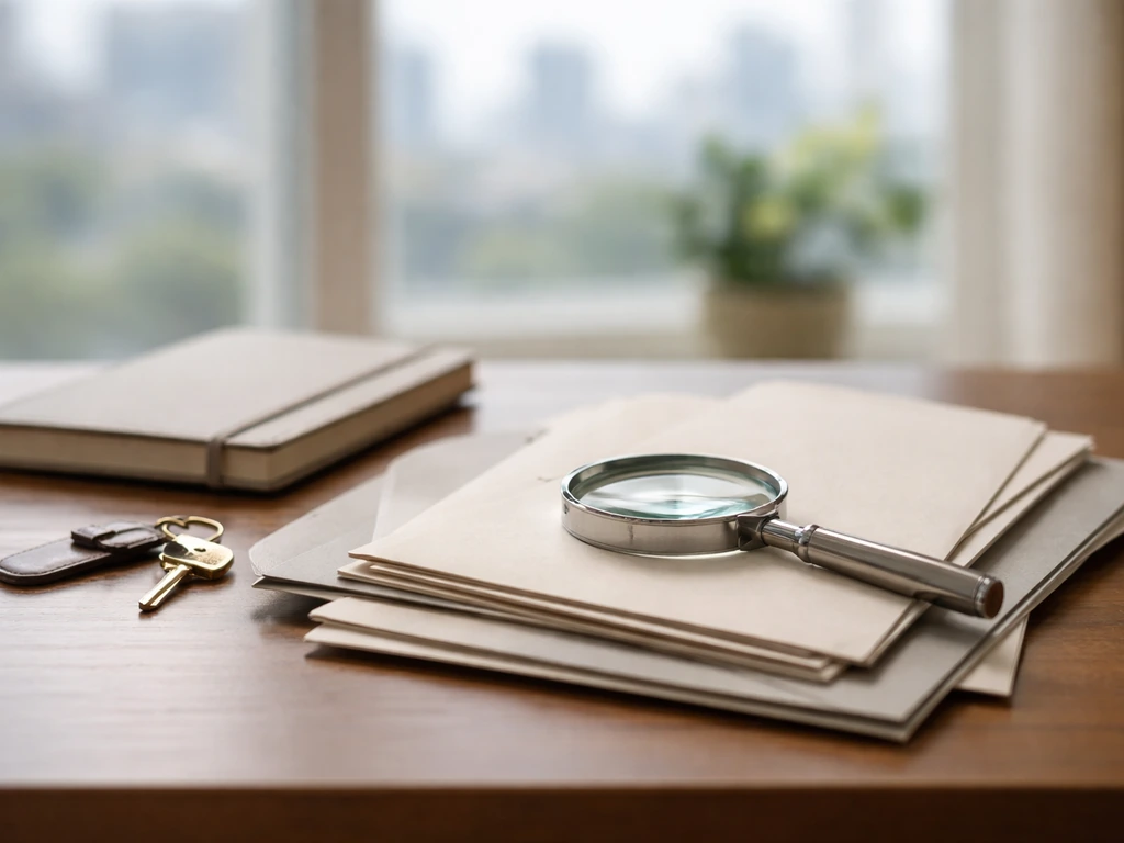 Magnifying glass over blank documents on a desk near a window, symbolizing identity verification for net worth.