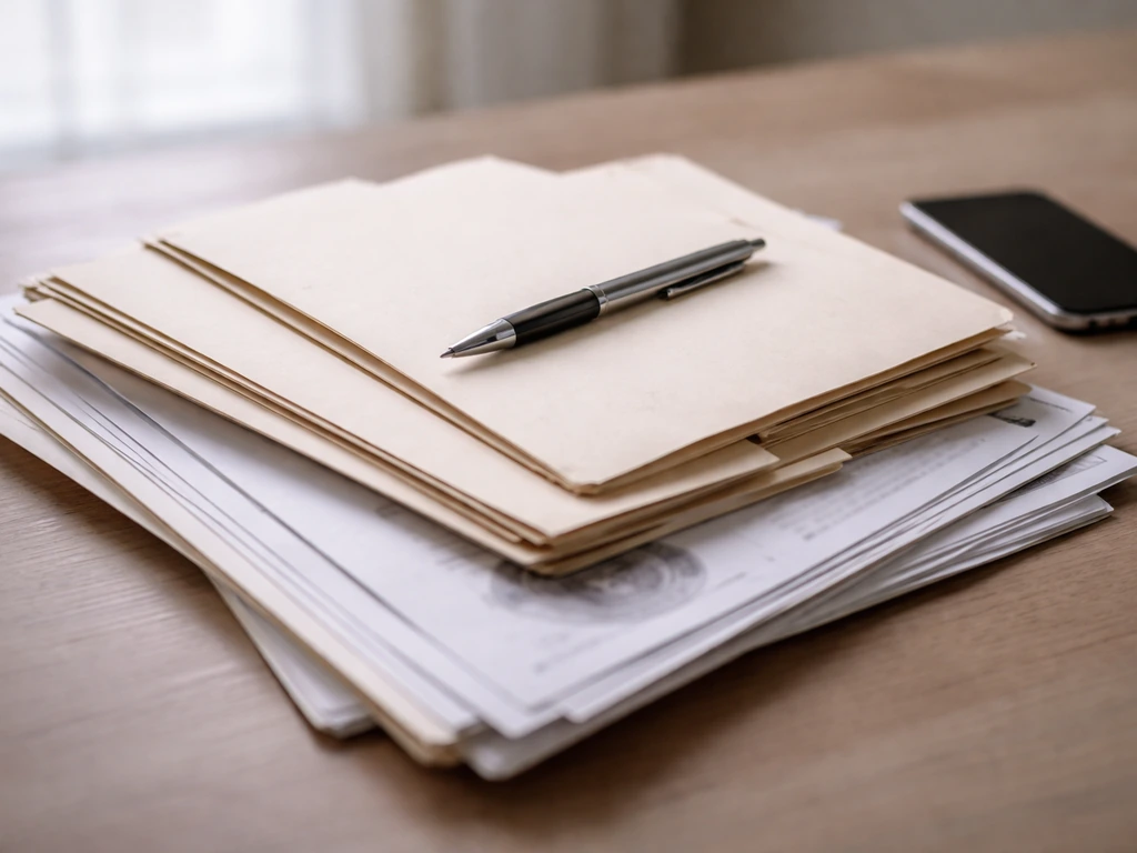 Close-up of neatly arranged folders and a passport-style document beside a smartphone on a desk