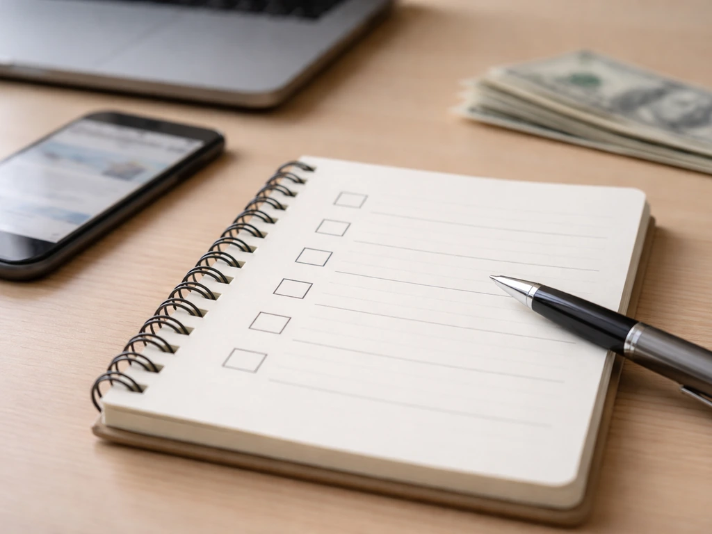 Minimal desk scene with blank checklist squares, pen, smartphone, and blurred finance cues, no people or text.