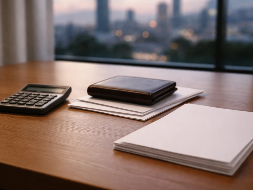 Minimal desk scene with a calculator and scattered envelopes suggesting a low-confidence wealth estimate