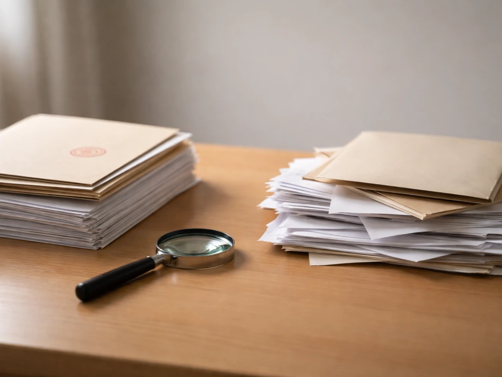 Minimal desk scene showing two piles of documents labeled only by color emphasis: likely vs speculative