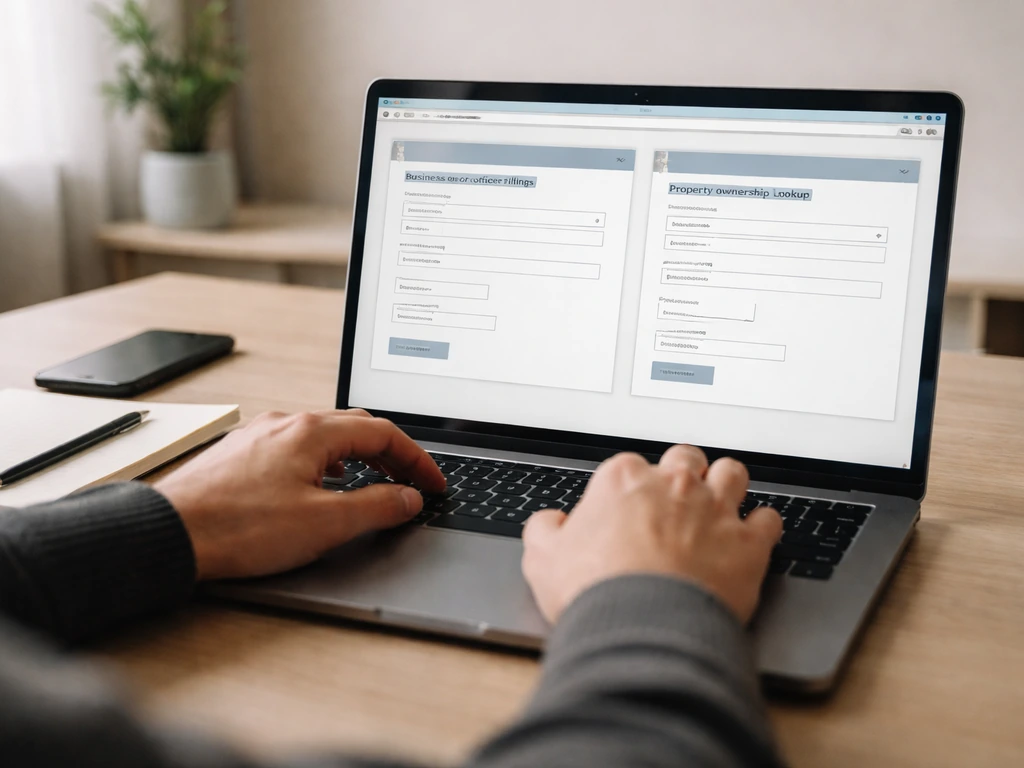 Hands review two generic public-record browser windows on a laptop for business and property checks.