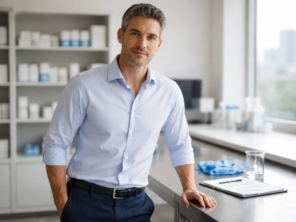 Greek pharmaceutical executive in a modern lab office, focused on Vianex-style industry work