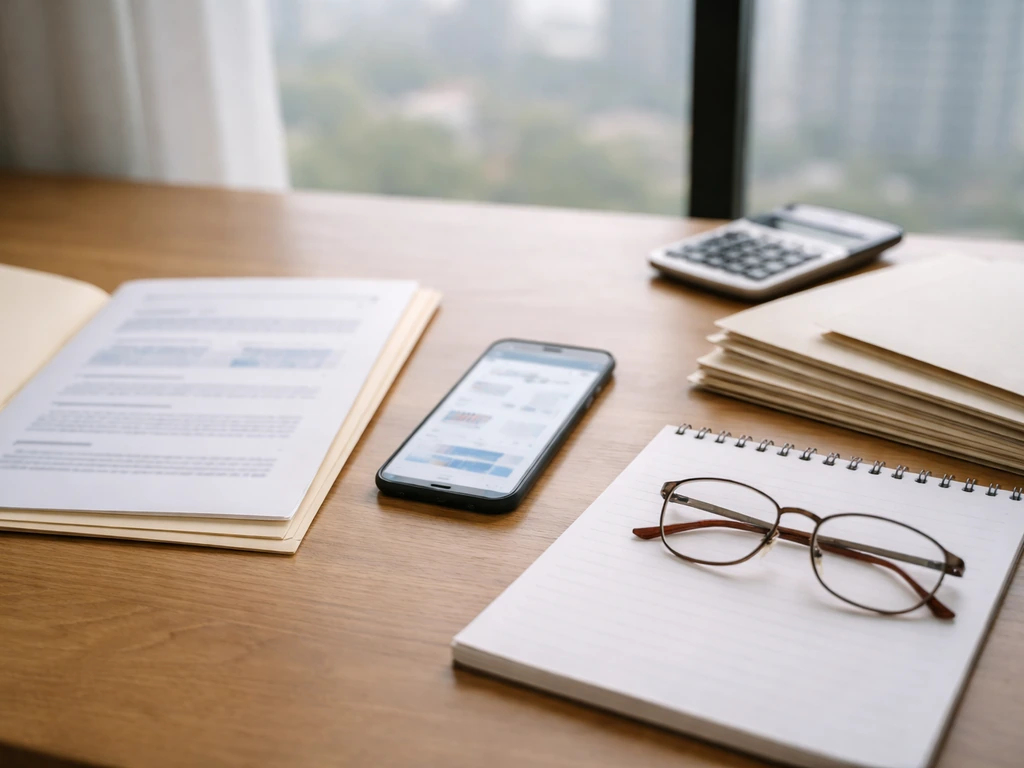 Desk with documents, phone, and calculator suggesting building a business estimate from public signals.