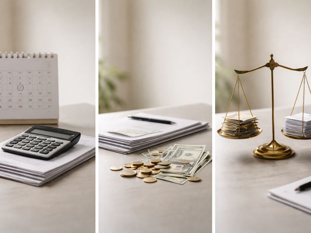 Three adjacent desk scenes symbolizing timing, currency, and valuation method with calculator, currencies, and scale.