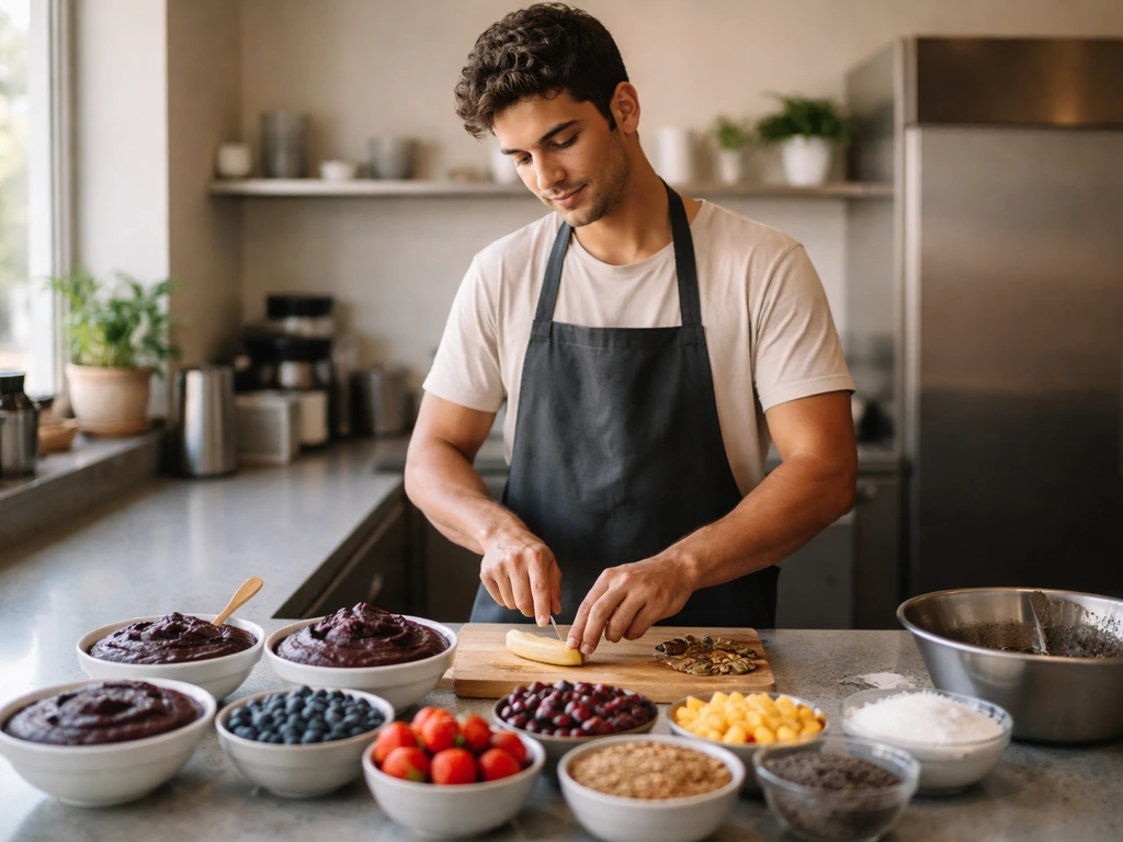 Anonymous entrepreneur in a sleek modern cafe kitchen area with açaí bowl accessories, hinting at Oakberry